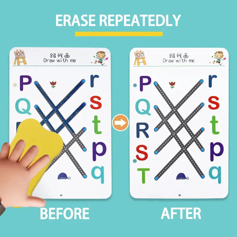 Reusable Tracing Workbook for kids 64 Pages | 2 Markers & Duster Included